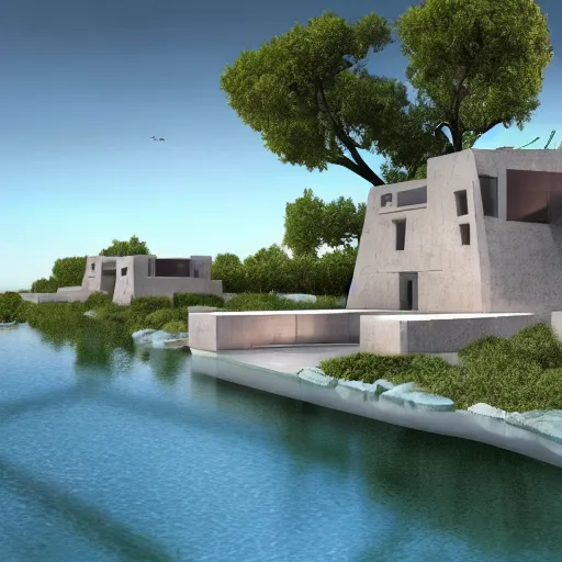 Image similar to architectural rendering of habitat 6 7 in the desert, biophilia mood, pool, garden, highly detailed, cinematic, photorealistic,