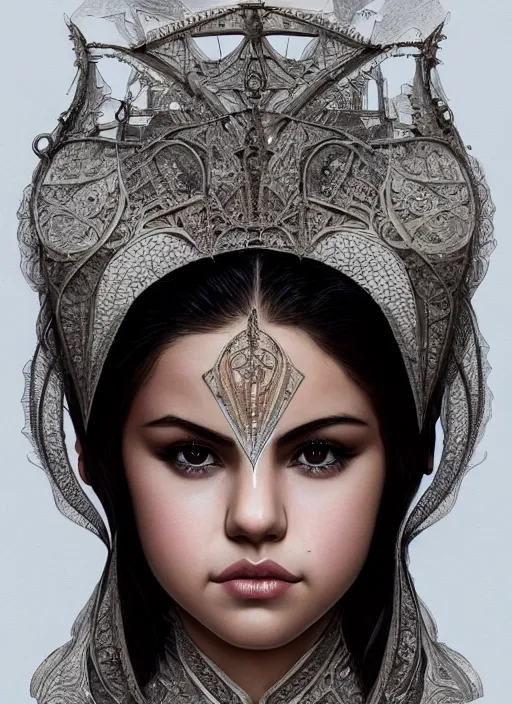 Image similar to symmetry!! selena gomez, machine parts embedded into face, intricate, elegant, highly detailed, digital painting, artstation, concept art, smooth, sharp focus, illustration, art by artgerm and greg rutkowski and alphonse mucha, 8 k