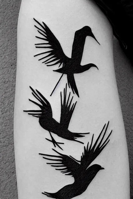 Image similar to a simple artistic tattoo design of minimalist flying birds, black ink, abstract geometric logo, line art