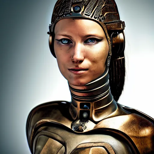 Prompt: portrait photo of a beautiful female cyborg. bronze age.