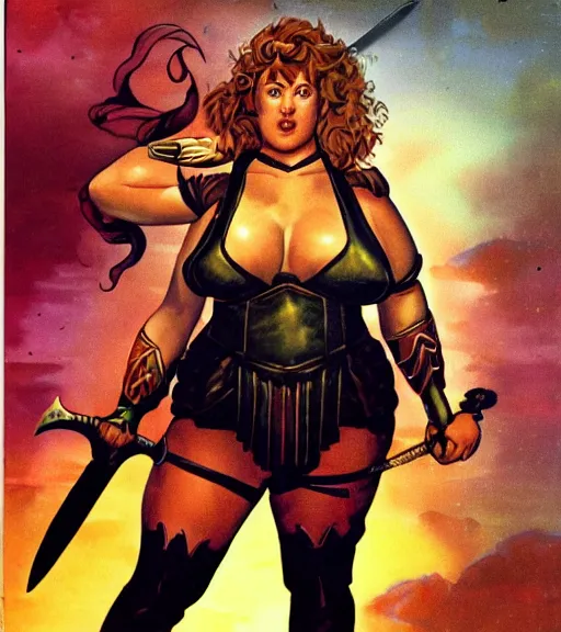Image similar to 1 9 8 0 s fantasy novel book cover, bbw plus size amazonian young molly ringwald in extremely tight bikini armor wielding a cartoonishly large sword, exaggerated body features, dark and smoky background, low quality print
