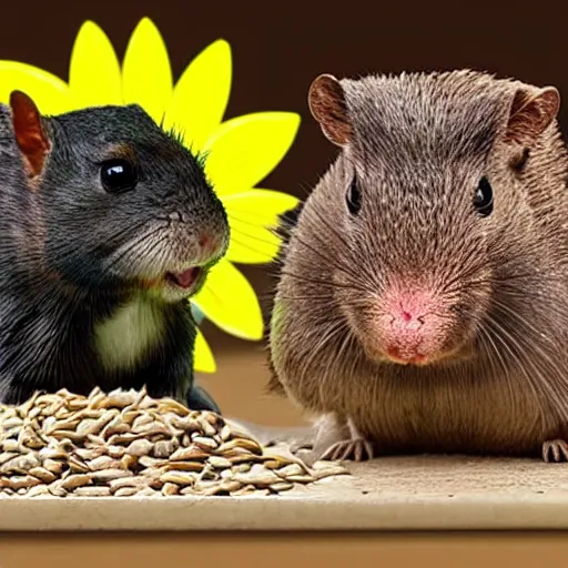 Image similar to a black gerbil eating a huge sunflower seed while a brown gerbil watches angrily, pixar animation