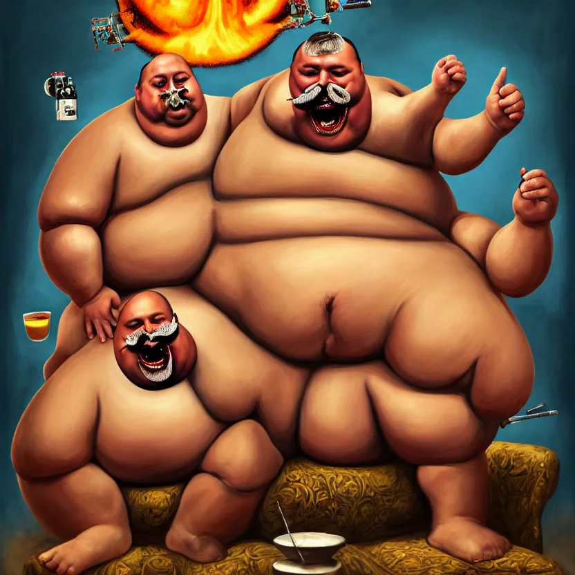 Prompt: painting of a very fat khatapa with a thick moustache eating the leg of a terrified man while sitting on a throne, in the background there is a nuclear explosion, cute, hilarious, disturbing, nightmare, highly detailed, funny, hahahaha, by david cronenberg, found on artstation, hyperrealistic digital art