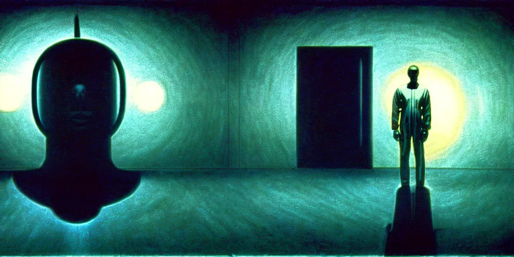 Image similar to american total portrait, low angel, shot of a space station at night, cyber punk, set design by Ed Wood, cinematography by Jim Jarmusch, composition by Hale Woodruff, background by Zdzisław Beksiński.