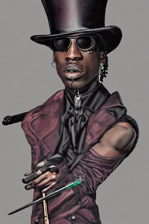 Prompt: body portrait of travis scott with sunglasses and a top hat holding a katana, digital art beautiful, thick lines