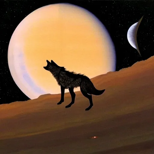 Image similar to a close up of a wolf howling at the night sky with the planet Saturn, dark Sci Fi, stylized, painting by Norman Rockwell, trending on artstation