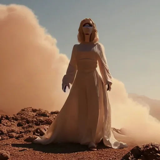 Prompt: The full body shot of beautiful pale woman with white flowers and full-face golden mask in a rocky desert landscape, a giant mirror and smoke around her, volumetric lighting, fire, multiple eyes and dry earth by Denis Villeneuve, Lubezki, Gaspar Noe and Christopher Doyle, anamorphic lens, anamorphic lens flares, kodakchrome, cinematic composition, practical effects, award winning photo, 8k