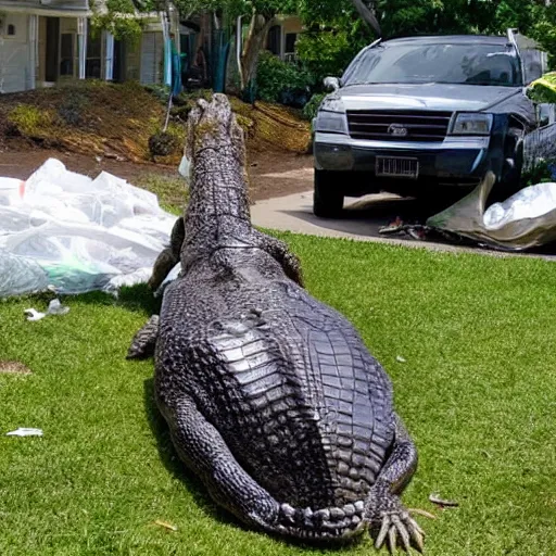 Image similar to one large alligator on a leash sleeping next to a very large mound of trash, papers, junk, and metal parts in a suburban yard