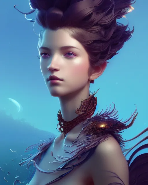 Prompt: rhythm of the wind, beauty portrait, azure. detailed hair, fractal feathers, ornate, intricate environment, lantern, fantasy art by ilya kuvshinov, peter mohrbacher, greg rutkowski, ross tran, craig mullins, thomas kinkade, victo ngai. unreal engine 5 highly rendered, blender, octane, ray tracing. sharp focus, post processing