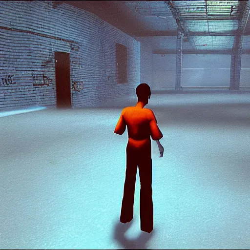 Image similar to screenshot of a playstation 1 psx game where the player is t - posing in deep distance fog