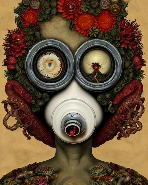 Prompt: a biomorphic portrait with with large eyes, expressive, wearing a botanical gas mask, baroque painting by ayami kojima, mark ryden, arcimboldo, cephalopod, mixed media 3 d collage, focus on head, soft light, 4 k, octane high quality render