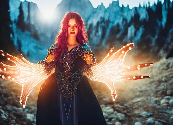 Prompt: closeup of a very good looking fantasy sorceress wearing amazing detailed clothes, holding magical glowing energy in her hands!!!! in the moonlit mountains, dramatic lighting, lens flare, 3 5 mm f 1. 2, professional photography, kodak ektar
