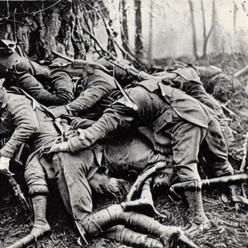 Image similar to WW1 trench with wolves attacking injured soldiers 1900s, horror photography