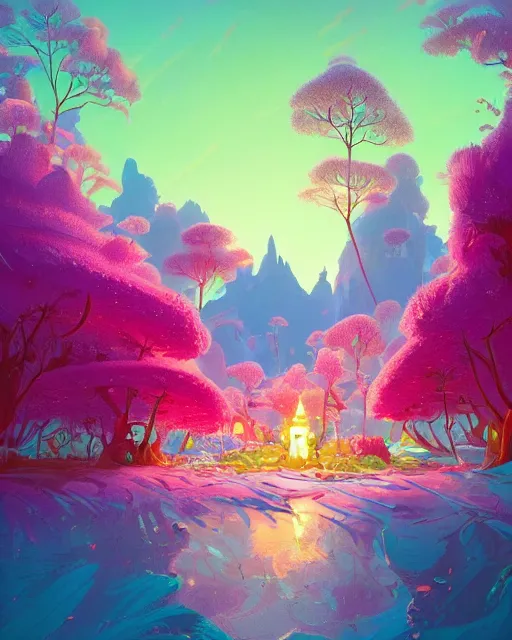 Prompt: candyland | a landscape made of candy and desserts, mountains river trees, cherry - blossoms | highly detailed | very intricate | fantasy whimsical magical | soft bright natural morning light | pixar | award - winning | matte painting by anton fadeev and paul lehr and rhads and alena aenami | pastel color palette | featured on artstation