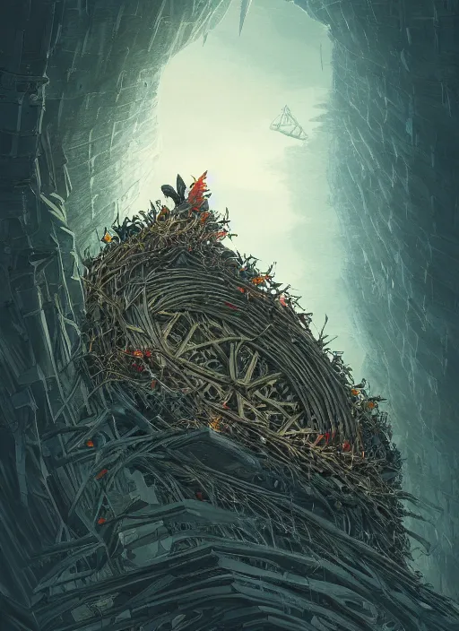 Image similar to crows nest like a human wreath, cruelty, black crows, light effect, hyper detailed, intricate, elegant, highly detailed, digital painting, artstation, concept art, matte, sharp focus, illustration, by dan mumford, yusuke murata, makoto shinkai, ross tran