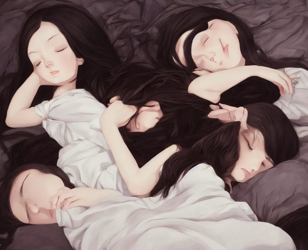 Image similar to room with an little girl with an long black hair dressed in a simple white dress sleeping, anime art style, digital art ilya kuvshinov, inspired by balthus, hd, 4 k, hyper detailed, dark, anatomically correct, angelic face