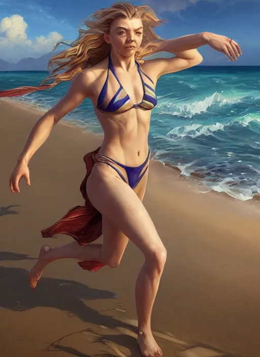 Image similar to natalie dormer wearing a bikini running on the beach, beautiful seductive face, intricate, elegant, highly detailed, digital painting, artstation, concept art, smooth, sharp focus, illustration, art by artgerm and greg rutkowski and alphonse mucha, horizon zero dawn 8 k, tim burton
