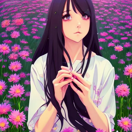 Image similar to a beautiful girl with long dark hair, sitting in a field of flowers, sunny, daytime, sharp focus, intricate, digital painting, artstation, official media, anime key visual, highly detailed, rich vivid colors, ambient lighting, illustration, art by Artgerm, Makoto Shinkai, Ilya Kuvshinov, Lois Van Baarle, and Rossdraws