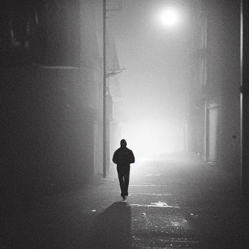 Prompt: A man walks across an empty alleyway at night, lit up by the streetlights on a foggy night and full moon, mysterious, abstract composition, rule of thirds, 35mm photography