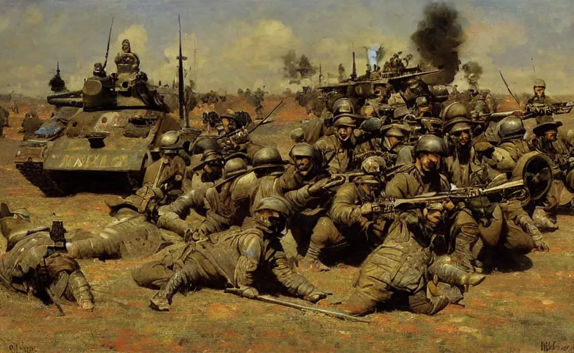 Image similar to high quality high detail painting by ilya repin, soldiers and tanks and choppers, hd
