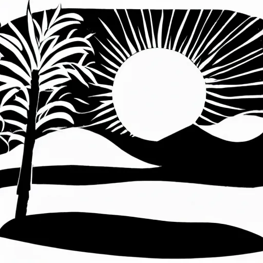 Image similar to a lineart illustration about a rising sun on a landscape, negative space is allowed, black ink on white background, smooth curves