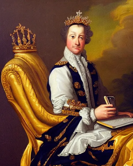 Image similar to 1 7 0 0 s painting royal portrait of the king of england checking his twitter feed on his cellphone while sitting on his throne gold crown