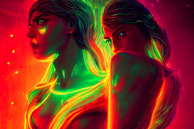 Prompt: photo of goddes (of war) (((neon lighting)) in chromatic dmt dmt sprititual temple with DISPACEMENTS Displacements, elegant, highly detailed, smooth, sharp focus, illustration, beautiful, geometric, trending on artstation, cinematic, artwork by WLOP