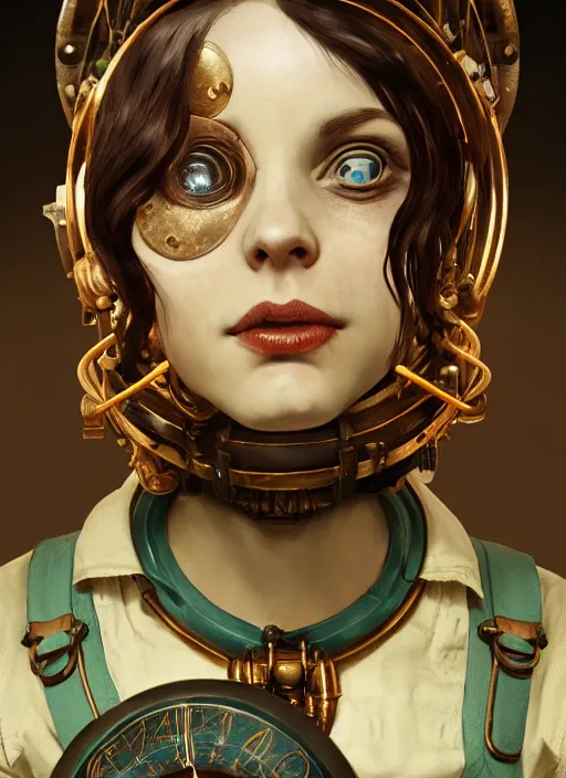 Prompt: Bioshock steampunk biopunk portrait, au naturel, hyper detailed, digital art, trending in artstation, cinematic lighting, studio quality, smooth render, unreal engine 5 rendered, octane rendered, art style by klimt and nixeu and ian sprigger and wlop and krenz cushart