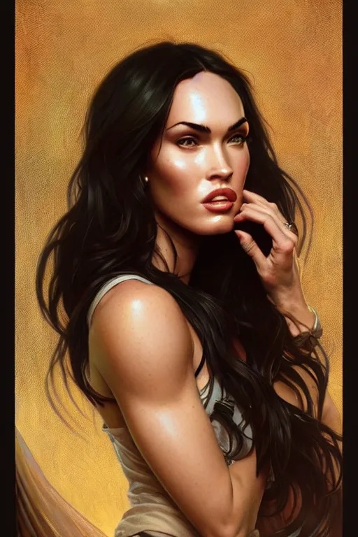 Image similar to portrait of megan fox kissing other woman, intricate, headshot, highly detailed, digital painting, artstation, concept art, sharp focus, cinematic lighting, illustration, art by artgerm and greg rutkowski, alphonse mucha, cgsociety