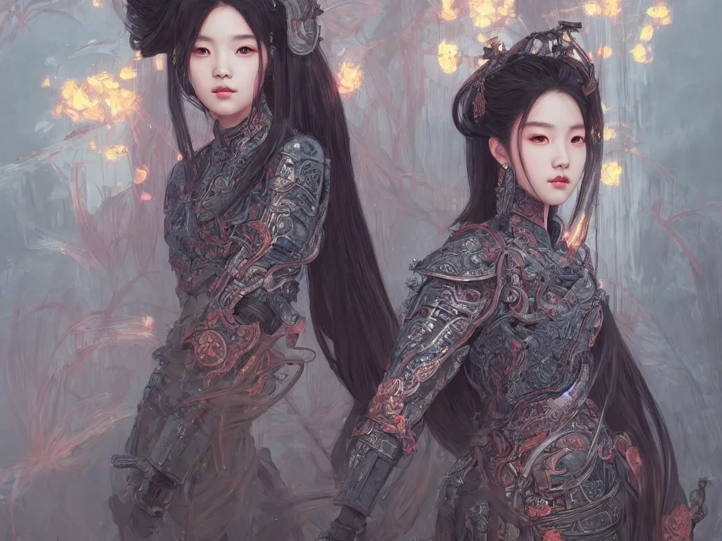 Prompt: portrait jisoo blackpink, grey hair armored samurai clothes, in fire japanese temple wet night, ssci - fi and fantasy, intricate and very very beautiful and elegant, digital painting, artstation, concept art, smooth, illustration, art by tian zi and wlop and alphonse mucha