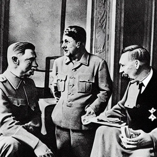 Image similar to god and the holy spirit conversing with hitler and stalin over coffee in a versailles garden