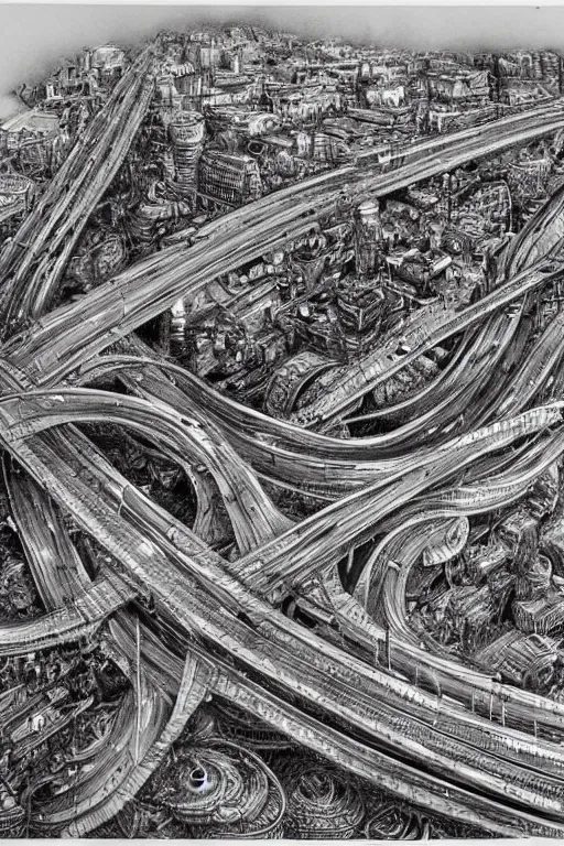 Image similar to The world's most intricate and detailed drawing of a highway intersection after world War , by Kim Jung GI. HD.