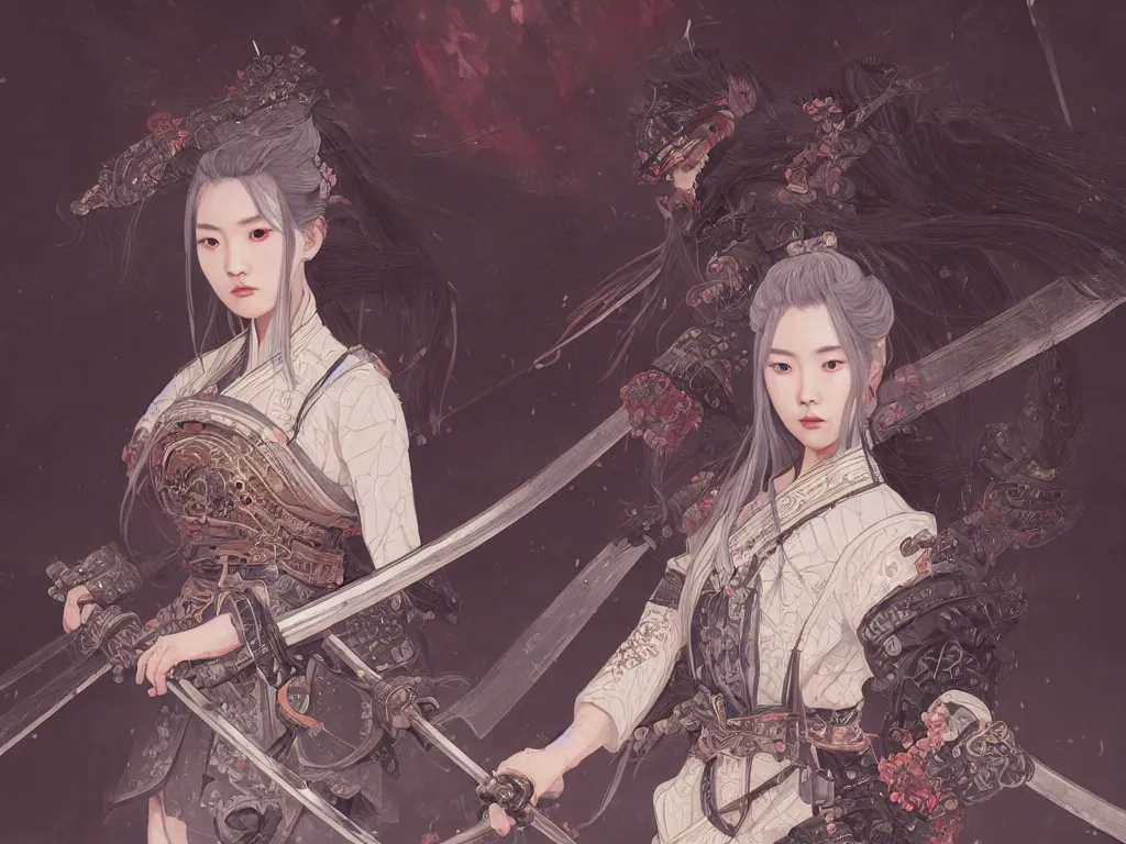 Image similar to portrait han so hee samurai girl, grey hair armored samurai clothes, in fire japanese temple wet night, ssci - fi and fantasy, intricate and very very beautiful and elegant, highly detailed, digital painting, artstation, concept art, smooth and sharp focus, illustration, art by tian zi and wlop and alphonse mucha