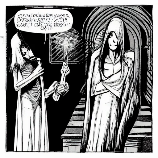 Image similar to “ sandman and his sister death in a ghotic chatedral ”