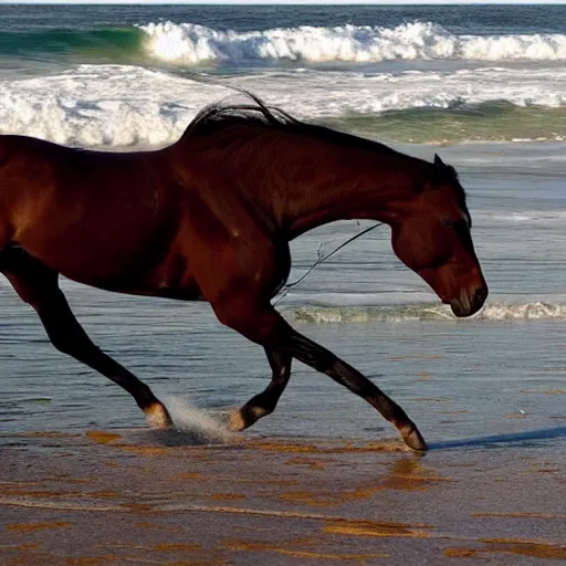 Prompt: a horse running in front of a sea, wievein its mane, on the beach, the sun is blowing up, smoke everywhere