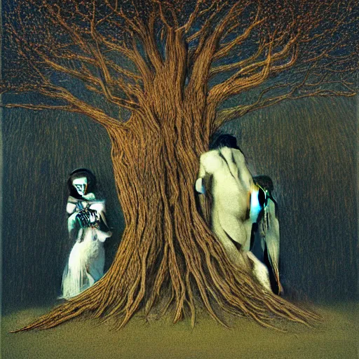 Prompt: Adam and Even dressed in Victorian dresses hug under the Tree of Life, by Beksinski