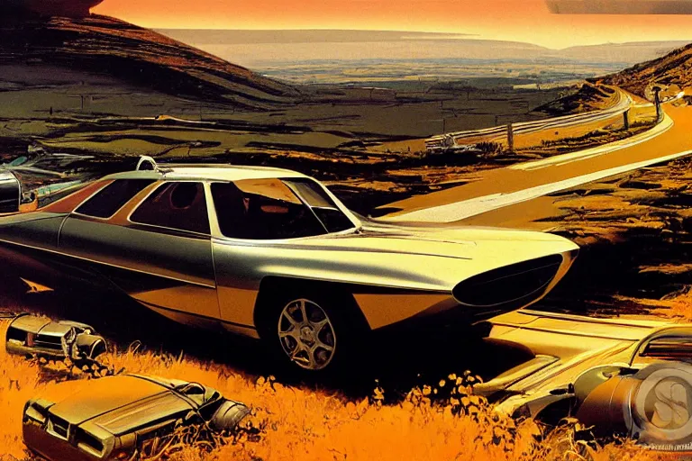 Prompt: retro futuristic car on gravel road over hilly moorland, city in the distance, by syd mead, john berkey, jeremy mann, science fiction