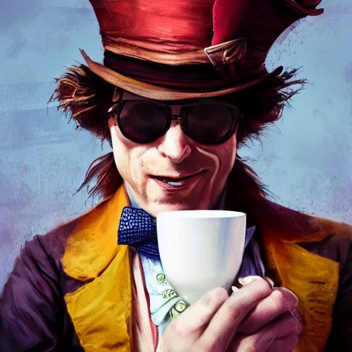 Image similar to the mad hatter, wearing shades, drinking tea, by Viktor Antonov,, greg rutkowski, fantasy, D&D, trending on artstation, smooth, sharp focus