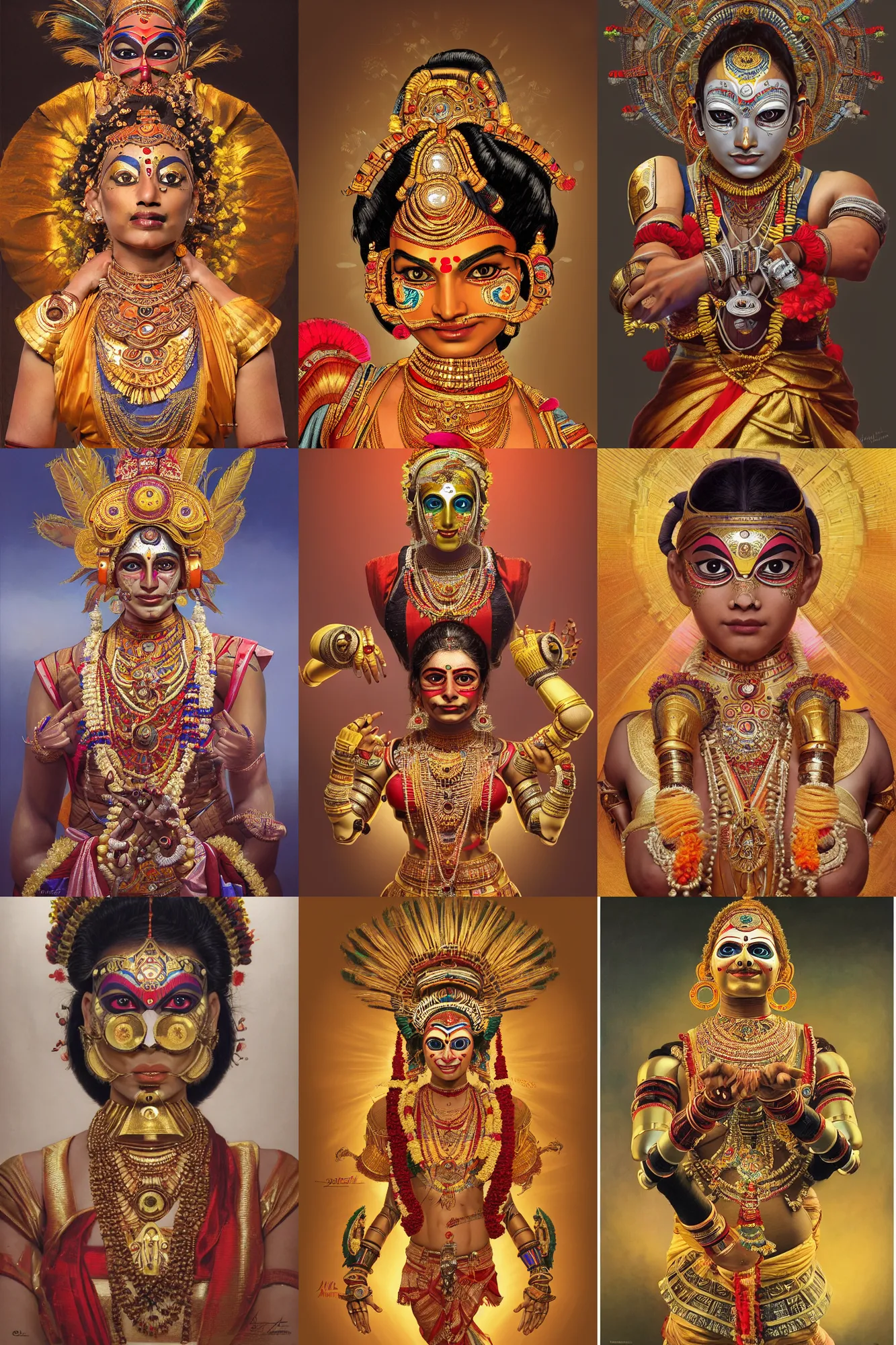 Prompt: a stunning ultrarealistic illustration of an indian cyborg dressed as a kathakali dancer, futuristic robot, very detailed, deep depth of focus, intricate, headshot, portrait, 3 5 mm lens, golden ratio composition, studio lighting, artstation, 8 k, highly coherent, by artgerm and alphonse mucha and greg rutkowski