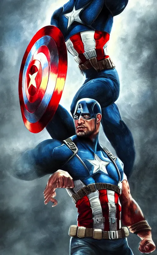 Image similar to dwayne johnson as captain america, dynamic lighting, cinematic, ultra detailed, trending on art station, stunning visuals, creative, fantasy concept art