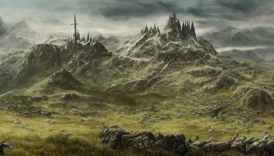 Image similar to matte painting of a huge lord of the rings battlefield