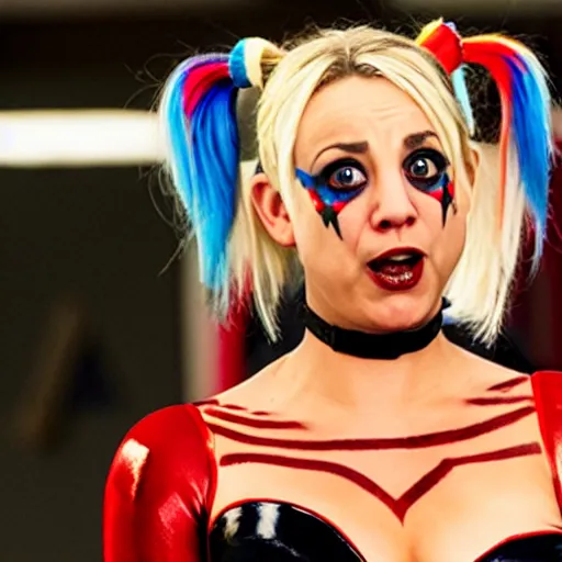 Image similar to A still of Kaley Cuoco as Harley Quinn