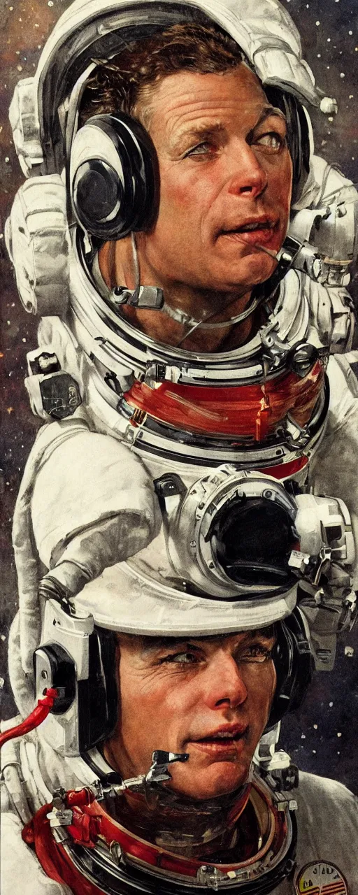 Image similar to a detailed portrait of an astronaut wearing headphone art by norman rockwell, cinematic, epic composition, hd, digital painting, digital art, concept art, illustration, comic art, stylized, masterpiece, award - winning