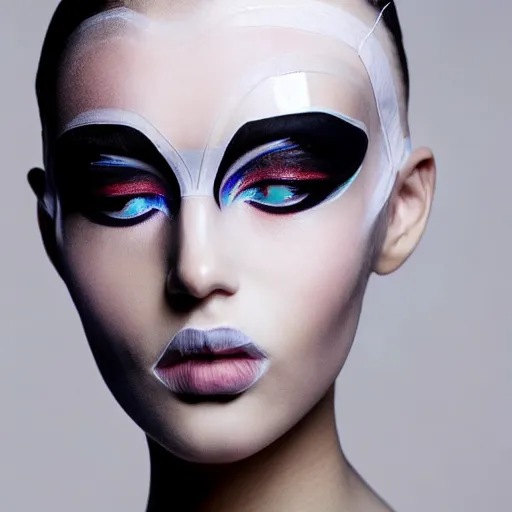 Image similar to high fashion photography of a model in neo futurism white sci - fi makup, transparent cloth, beautifully lit