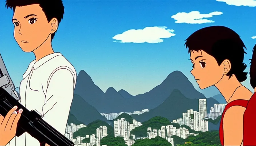 Image similar to 1 9 8 6 movie screencap of a couple with a gun on a rio de janeiro, gucci clothes, studio ghibli sky, beautiful favela background extremely utra high quality artwork 8 k