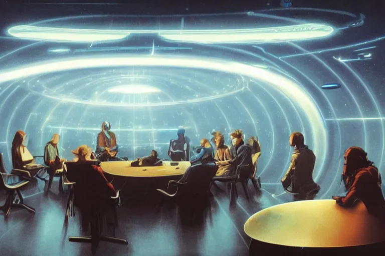 Prompt: ground view of a science fiction circular meeting room with bright holodesk in the center showing a blue hologram of a solar system, dark people discussing, contrasted light, clair obscur, illustration, clean lines, star wars vibe,, by greg rutkowski, by moebius!!!, vivid colors, spectacular cinematic scene