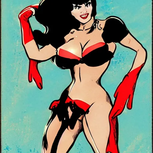 Image similar to bettie page in a vampirella micro bikini in the style of guido crepax