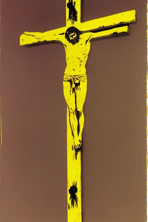 Image similar to bloody jesus christ crucified, yellow sky painted by andy warhol and cy twombly