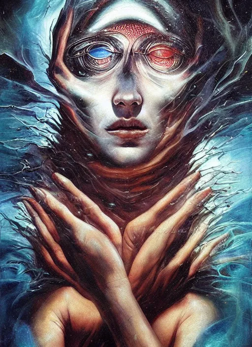 Prompt: the sandman, dream god, morpheus, crossing through the veil of dreams, symmetrical face, energy condensed to a slow vibration, epic surrealism expressionism symbolism, story telling aesthetic, iconic, dark robed, oil painting, layers, dark myth mythos, by sandra chevrier, bruce pennington, masterpiece