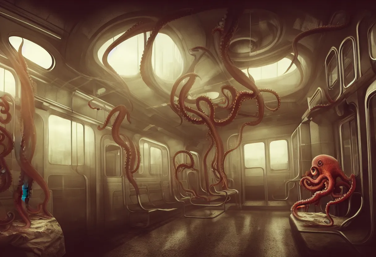 Prompt: a photo of the interior of a busy subway wagon, there is a huge monster octopus on the interior scarying the passengers who are standing still and very scared, tentacles creeping in through the windows and gaps, octane render, 4 k,